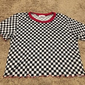 Checkered black and white shirt with red trim